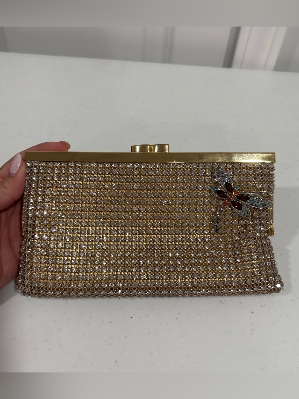 Gold Swarovski Crystal Evening Clutch with Multicolor Dragonfly Accent
